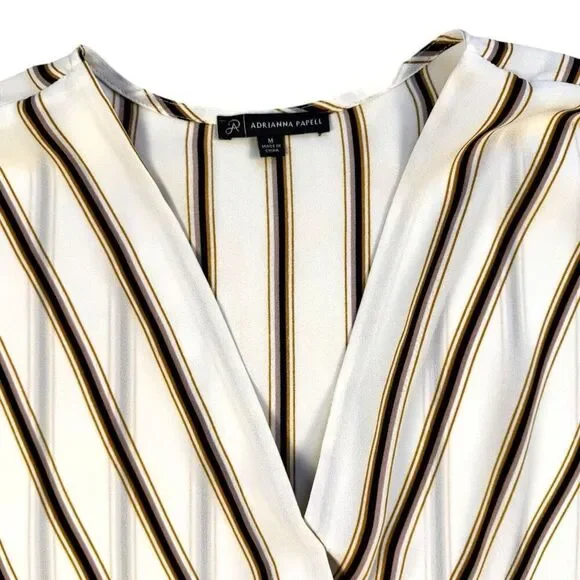 Adrianna Papell Cream Striped V-Neck Wrap Blouse Sz M - Picture 3 of 11